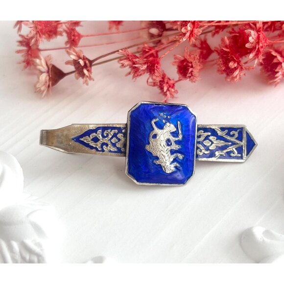 Other - Matcha Damascene Blue Siam Sterling Silver Vintage Nielloware Men's Tie Bar Clip
